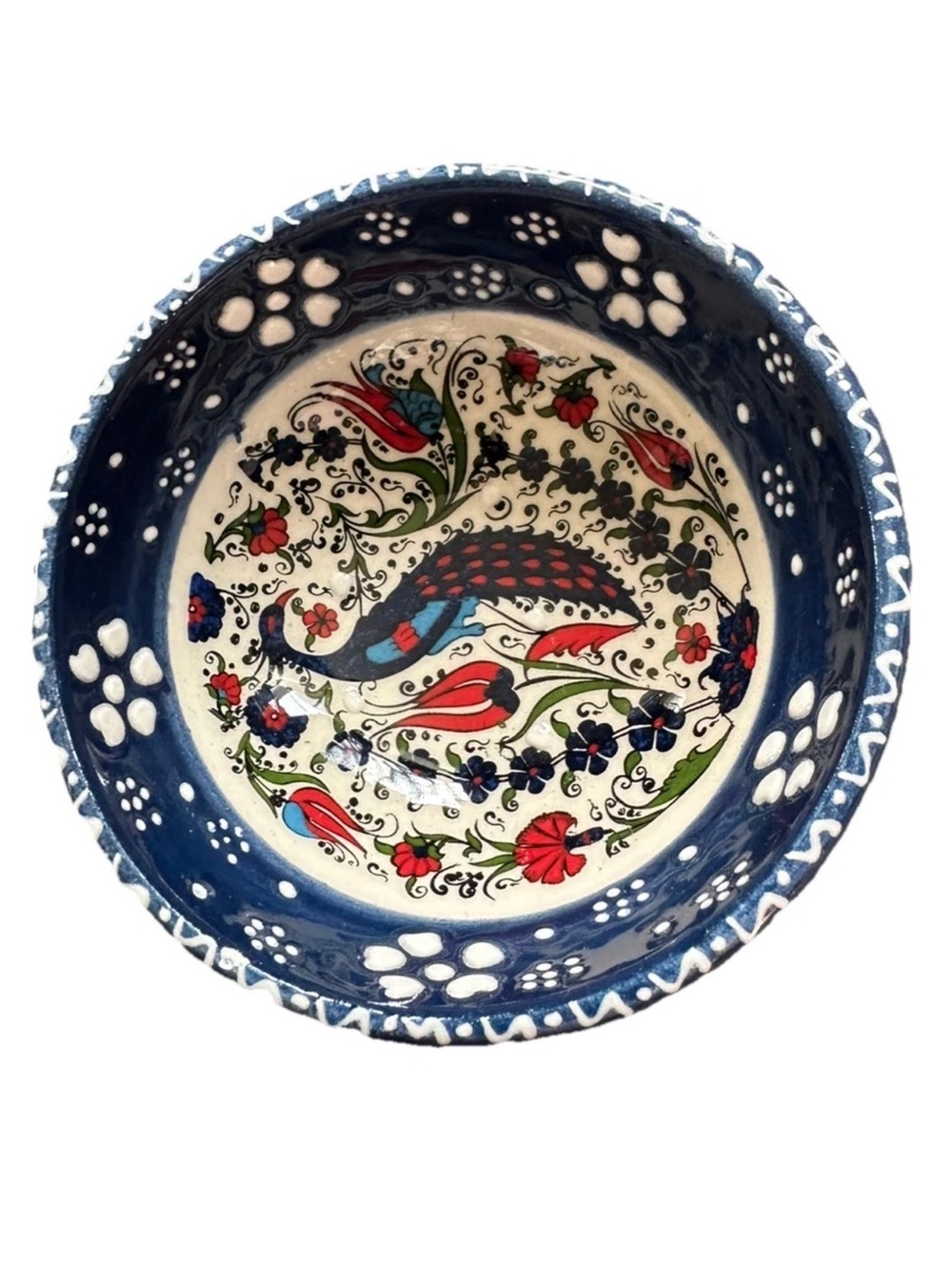 Turkish Pottery Meze Bowl 3-inch Hand-Painted, Multicolor. Blue peacock flowers